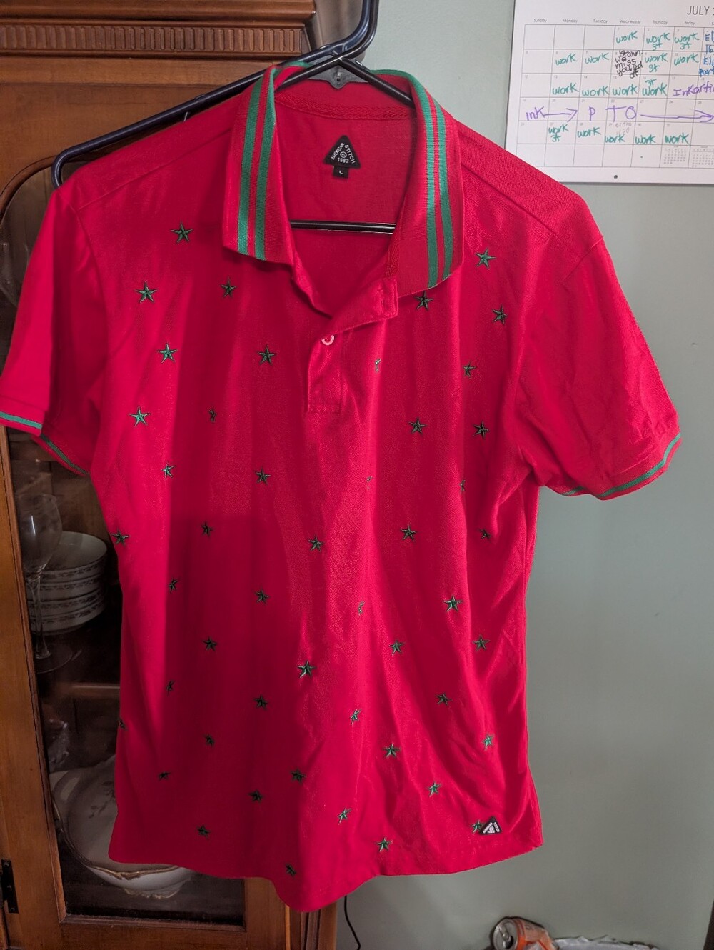 Men's Red Polo Shirt with Green Star Embroidery